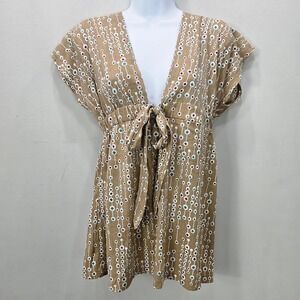 Vtg Y2k 90s Babydoll Tunic Top Kimono M Brown Silver Embelishment Pullover Fairy